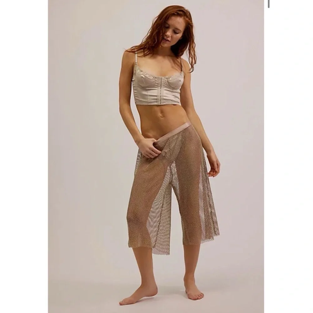 Free People Intimately Filter Finish Rhinestone Long Sheer Shorts Tan XS